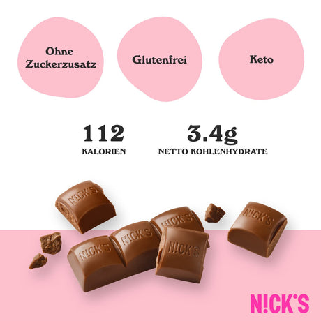 Nicks mælkechokolade keto barer uden tilsat sukker, 112 kcal, 3,4 g netto kulhydrater, lav kulhydrat slik, glutenfri snackbar (15x25g)