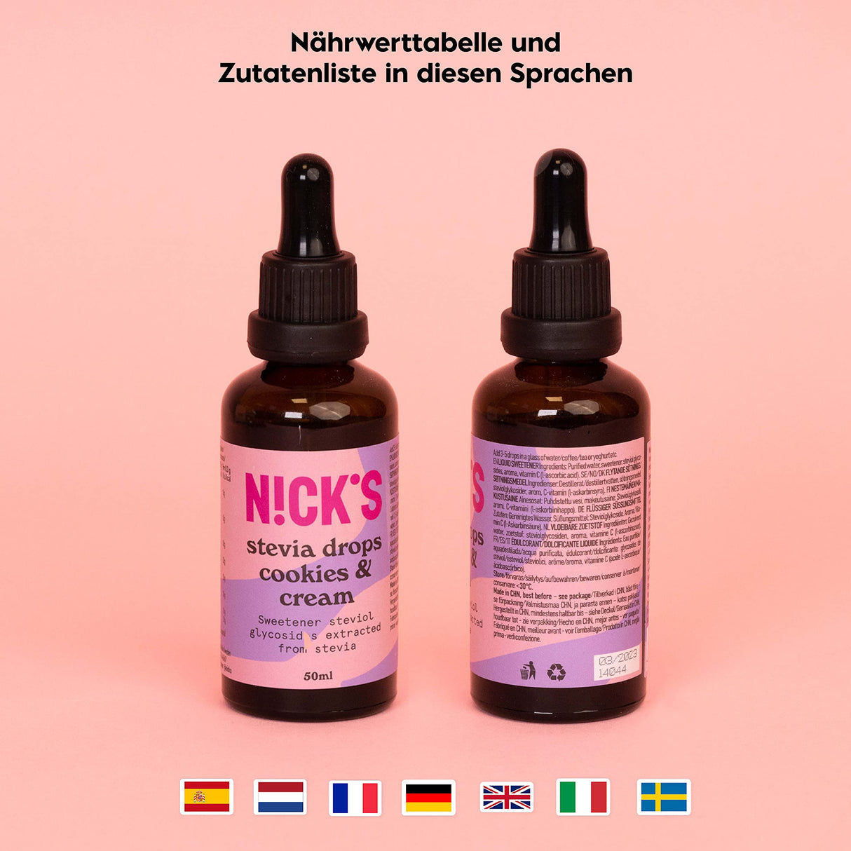 NICKS Stevia Liquid Cookies & Cream Flavour Drops (50ml) Keto Sugar-free table sweetener without calories, low carb sugar substitute, sweetener, liquid sweetener, alternative to sugar, sweetener with pipette