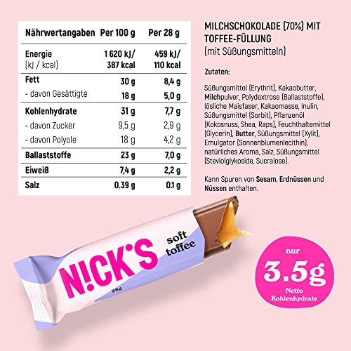 NICKS Keto Bars Peanuts n fudge, chocolate peanuts caramel snacks, 175 calories, 3.9 net carbs, no added sugar, gluten free, low carb sweets (15x40g)