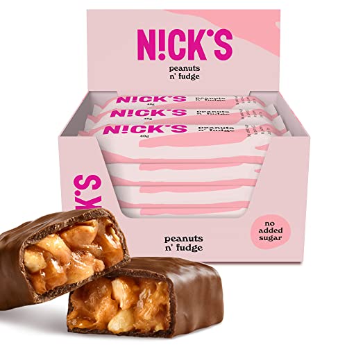 NICKS Keto Bars Peanuts n fudge, chocolate peanuts caramel snacks, 175 calories, 3.9 net carbs, no added sugar, gluten free, low carb sweets (15x40g)