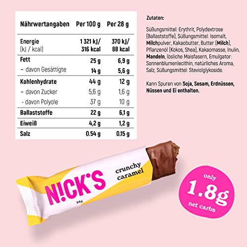 NICKS Keto Bars Peanuts n fudge, chocolate peanuts caramel snacks, 175 calories, 3.9 net carbs, no added sugar, gluten free, low carb sweets (15x40g)