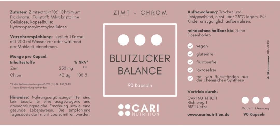 BLUTZUCKERBALANCE | 90 Zimtkapseln mit Chrom | Insulinresistenz und Blutzuckerregulierung | vegan & hergestellt in Deutschland