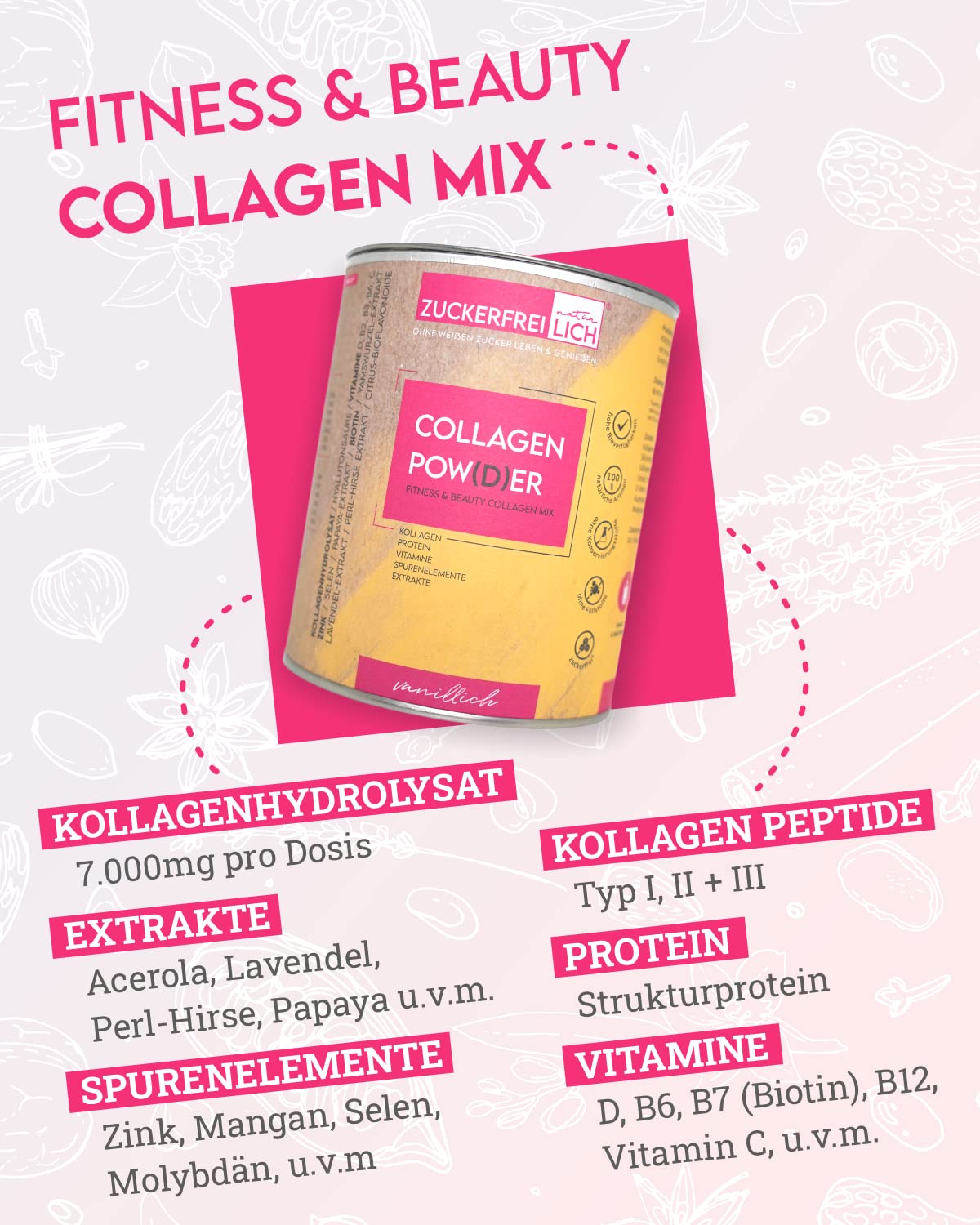 ZUCKERFREIlich Collagen Pulver kokos 240g ohne Zucker, Kollagen mit Vitaminen, zuckerfreies Protein und Spurenelementen, hochdosiert mit 7.000 mg Kollagenhydrolysat pro Portion