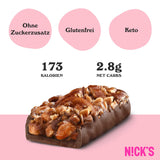 NICKS Keto Bar Almond crunch, vegan chocolate almond nut bar, 173 calories, 2.8 net carbs, no added sugar, gluten free, low carb sweets (12x40g)