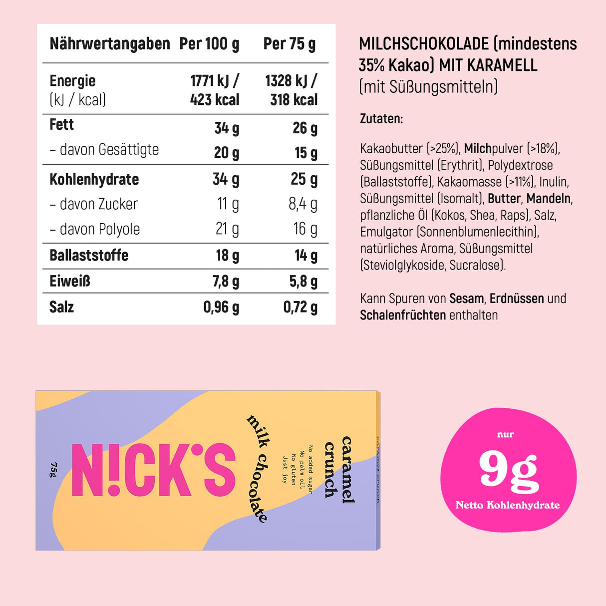 NICKS Milk Chocolate Caramel Crunch no added sugar, gluten-free, low carb, no palm oil, keto chocolate bars (3x75g)