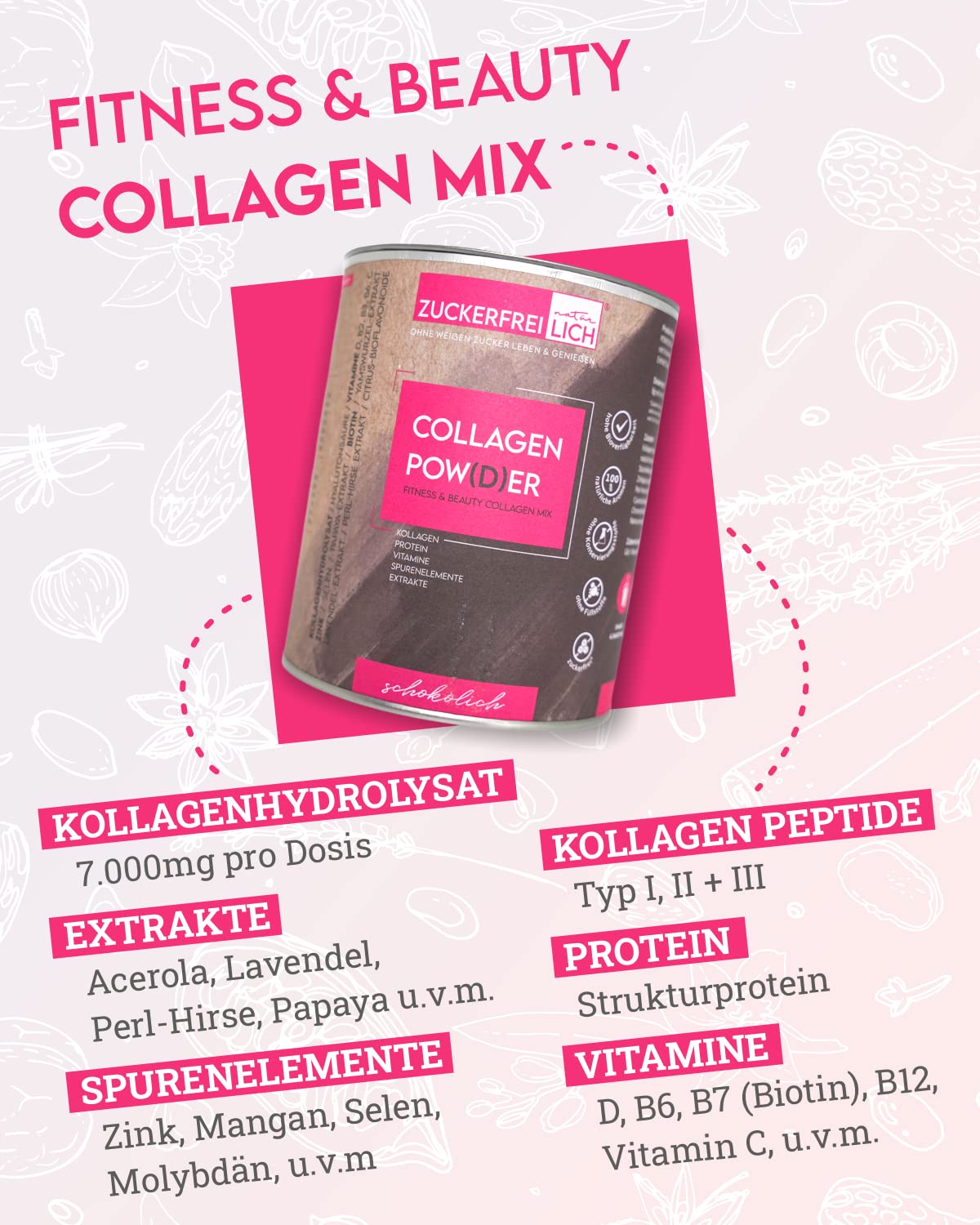 Zuckerfreilich Collagen Pulver Kokos 240G Ohne Zucker, Kollagen MIT Vitaminen, Proteina Zuckerfreies Und SpureNelement, Hochdosiert MIT 7.000 mg Kollagenhydrolisat Pro Porzione