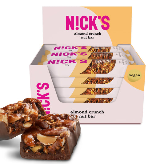 Nicks Keto Bar Crunch di mandorle, barre di mandorle al cioccolato vegano, 173 calorie, 2,8 carboidrati netti, senza zucchero aggiunto, glutine senza glutine, dolci a basso contenuto di carboidrati (12x40g)