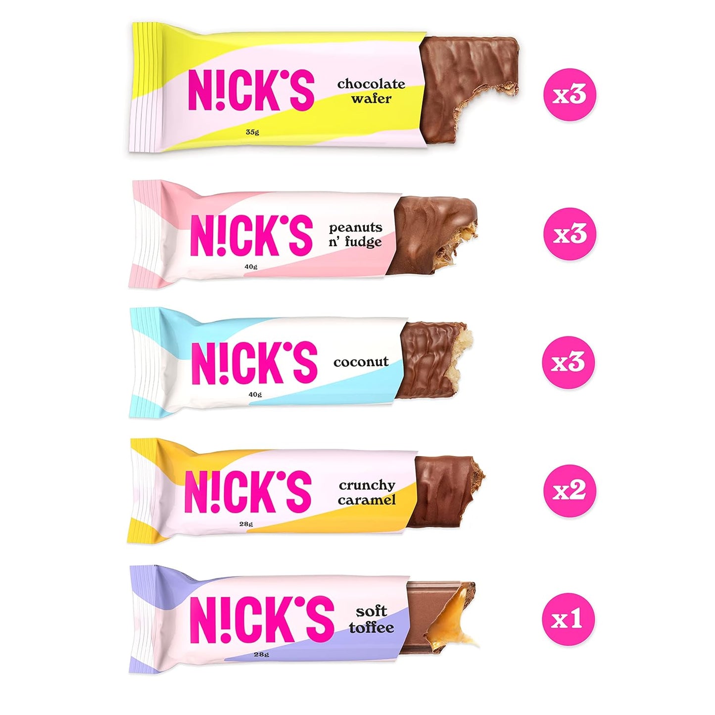 Nicks Schokoladen -Keto -Bar Favoriten mit Schokoladenstangen ohne zugesetzten Zucker, glutenfreie, niedrige Kohlenhydrat -Süßigkeiten (12 Snacks Riegel)