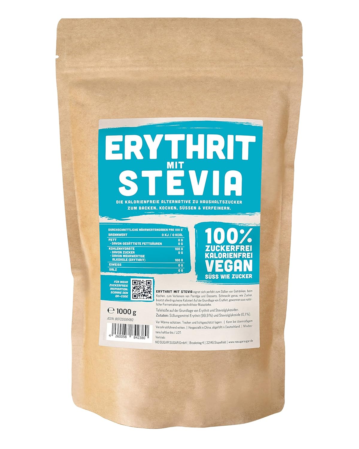 Erythritol + Stevia Natural Sugar Substitute Uten kalorier 1: 1 Sødme sammenlignet med sukker, ingen smak av sitt eget, sunt alternativ for matlaging, baking, søtning (1 kg doypack)