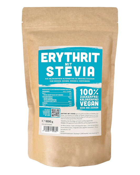 Erythritol + Stevia natural sugar substitute without calories 1:1 sweetness compared to sugar, no taste of its own, healthy alternative for cooking, baking, sweetening (1 kg Doypack)