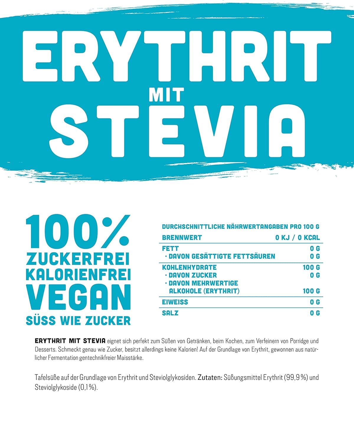 Erythritol + Stevia natürlicher Zuckerersatz ohne Kalorien 1: 1 Süße im Vergleich zu Zucker, ohne Geschmack seiner eigenen, gesunden Alternative zum Kochen, Backen, Süßungen (1 kg Doypack)