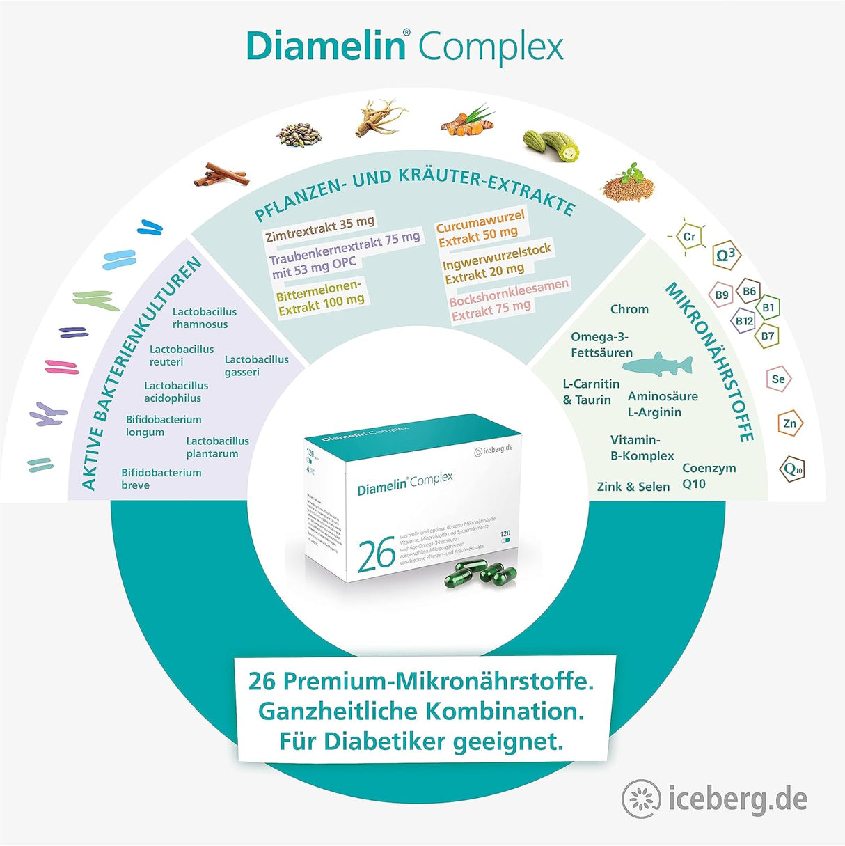 Complexul Diamelin - Supliment dietetic pentru un nivel normal de zahăr din sânge cu crom adecvat și pentru diabetici - 26 de vitamine și micronutrienți, cum ar fi OPC, scorțișoară, ghimbir, bacterii intestinale importante